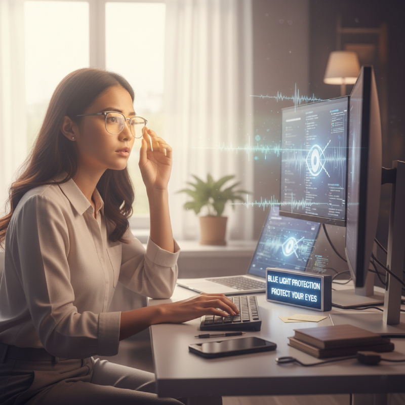 藍光對眼睛的影響：現代人長時間使用手機與電腦，抗藍光鏡片的必要性(示意圖)