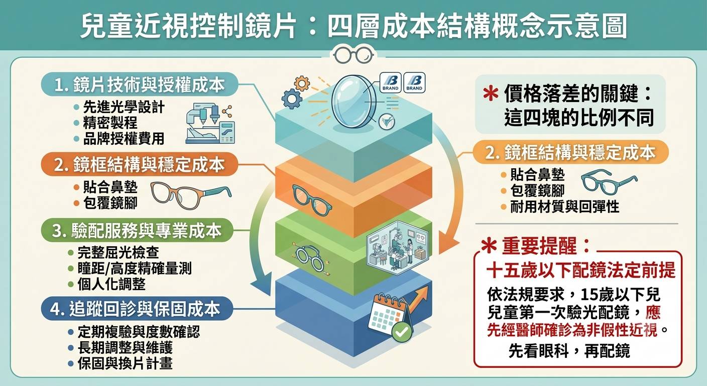兒童近視控制鏡片價格的四層成本結構概念示意圖