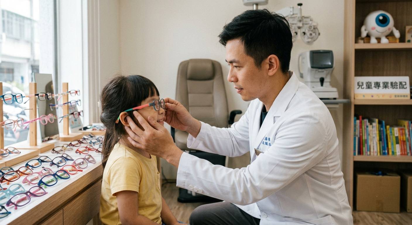 驗光師為孩童調整兒童鏡框鼻墊與鏡腳貼合度
